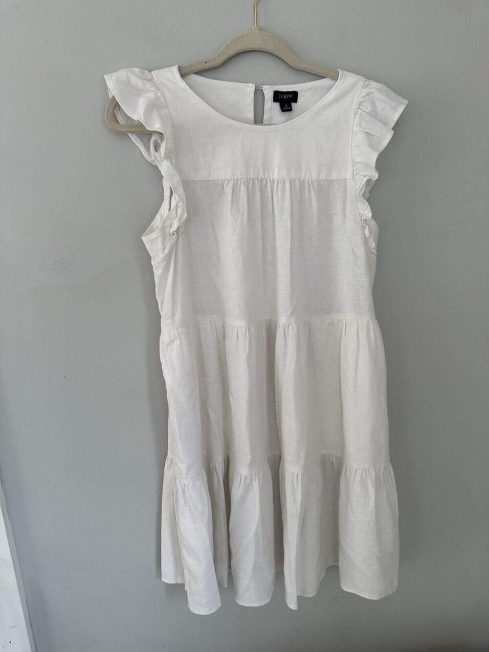 J. Crew Size 4 Dress Ruffled Sleeve Tiered Linen Blend Double Layered Boho White